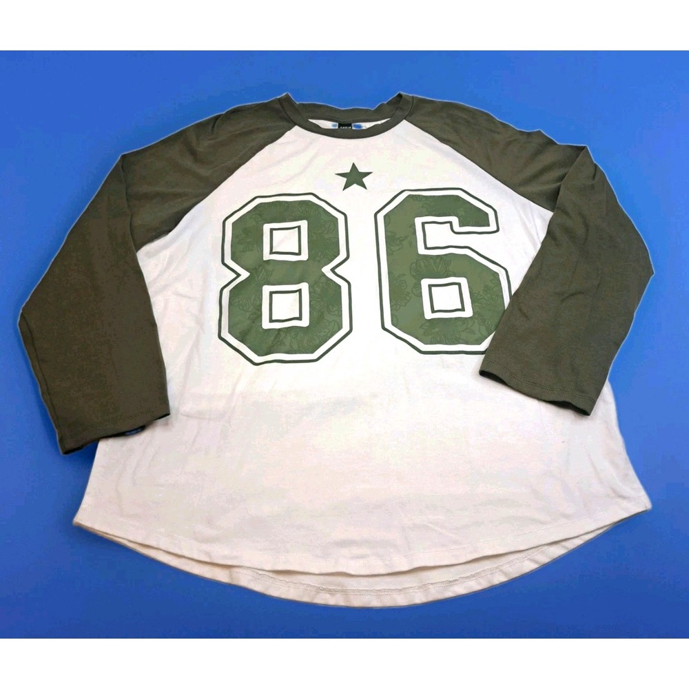 SHEIN Baseball T-shirt Mens S White Olive Green Excellent Oversized Raglan 86